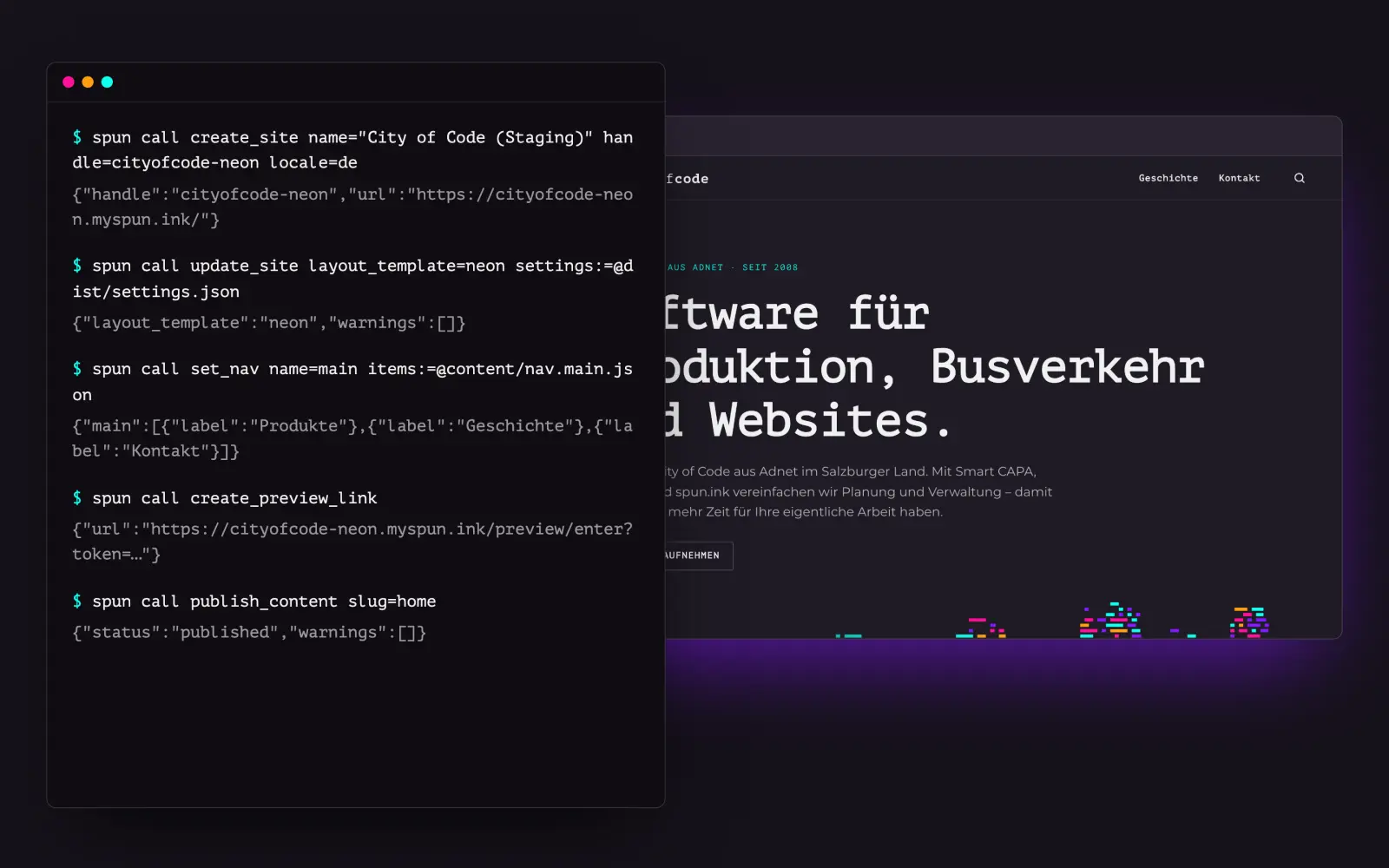 Terminal mit spun-Befehlen – Website anlegen, Layout setzen, Navigation, Vorschau, Veröffentlichen – neben der daraus entstandenen City-of-Code-Startseite