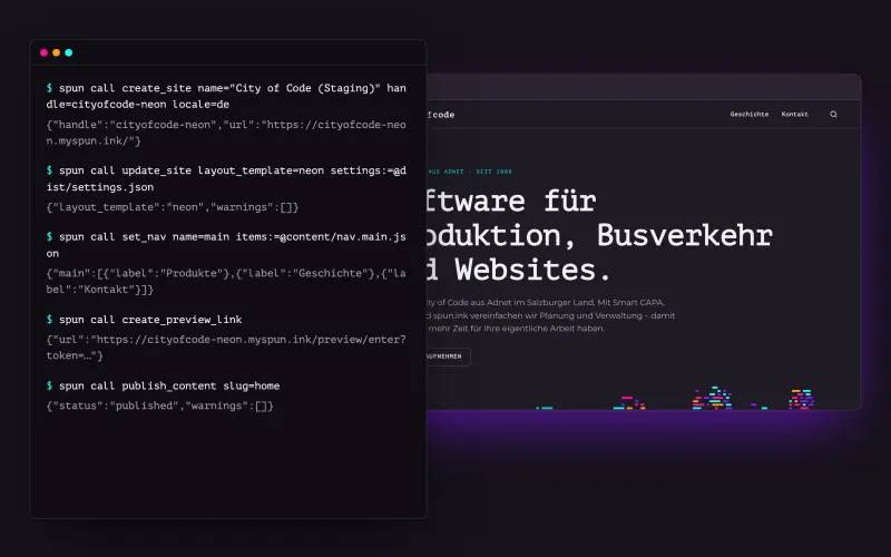 Terminal mit spun-Befehlen – Website anlegen, Layout setzen, Navigation, Vorschau, Veröffentlichen – neben der daraus entstandenen City-of-Code-Startseite