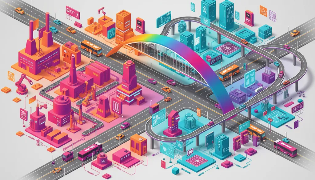 Isometrische Illustration: Produktionsanlage und digitale Stadt, verbunden durch eine Regenbogenbrücke